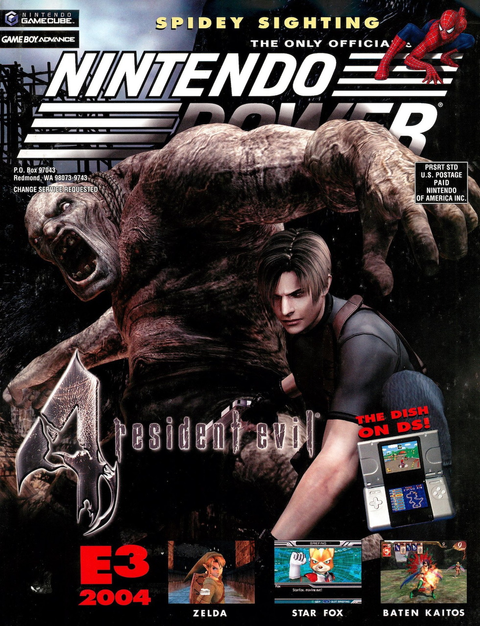 Nintendo Power magazine cover with Resident Evil 4, Leon Kennedy, monster creature, and E3 2004 game previews