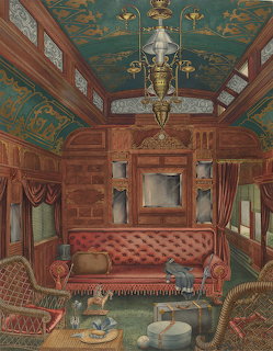 Painting of an ornate Victorian Pullman train coach parlor with red upholstered seating and decorative ceiling