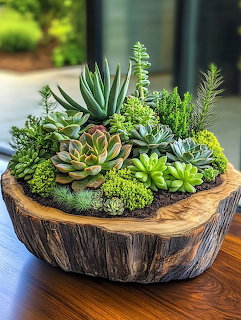 Succulent Arrangement in Wood Bowl