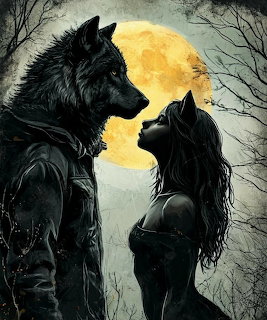 Dark illustration of a werewolf and catwoman facing each other under a full golden moon with bare trees