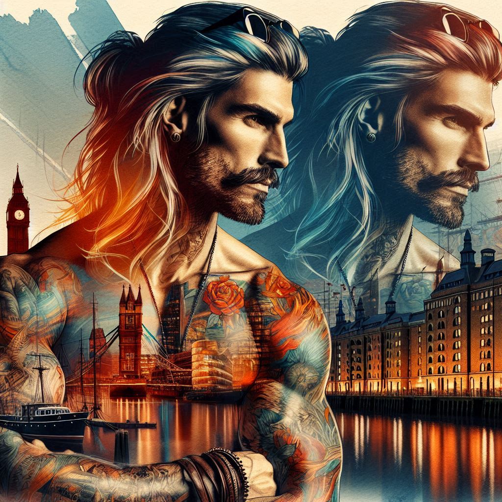 Two mirrored male portraits with long hair and tattoos, superimposed with contrasting warm and cool-toned cityscapes