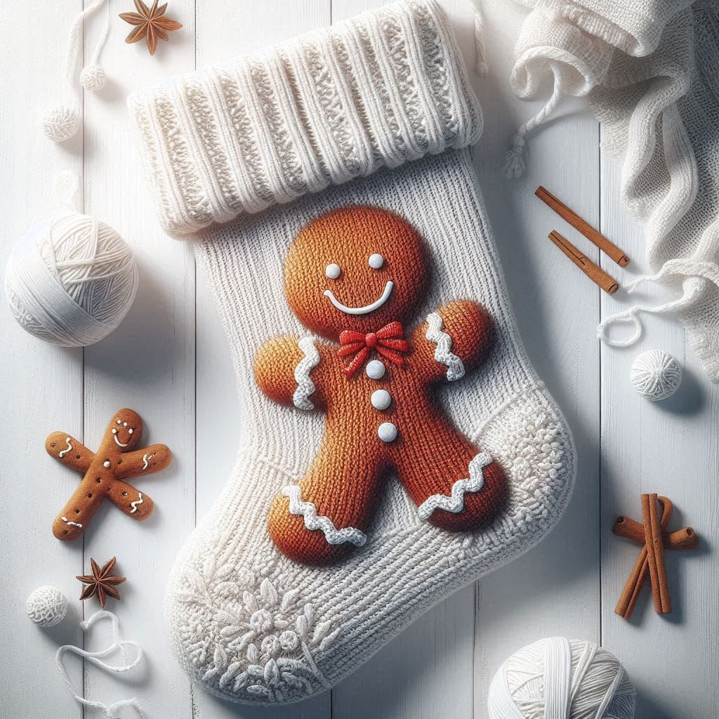 White knit Christmas stocking with gingerbread man cookie, cinnamon sticks and holiday decorations on wooden surface