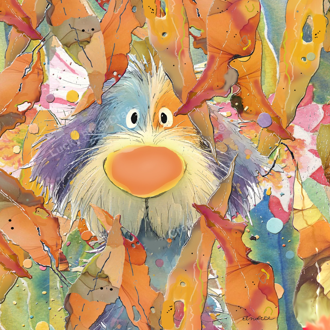 Watercolor painting of a blue and cream poodle peeking through colorful fall foliage