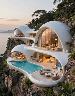 Futuristic white beach house on a rocky seaside cliff with curved rooms and turquoise pools