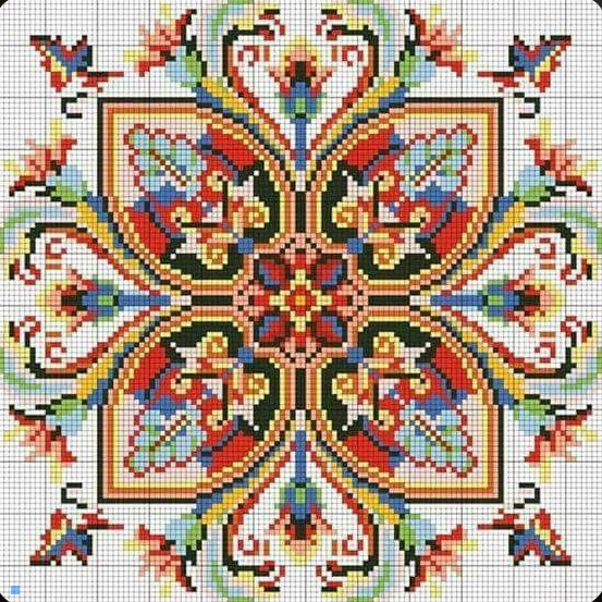 Symmetrical colorful cross stitch pattern with floral and geometric details on white