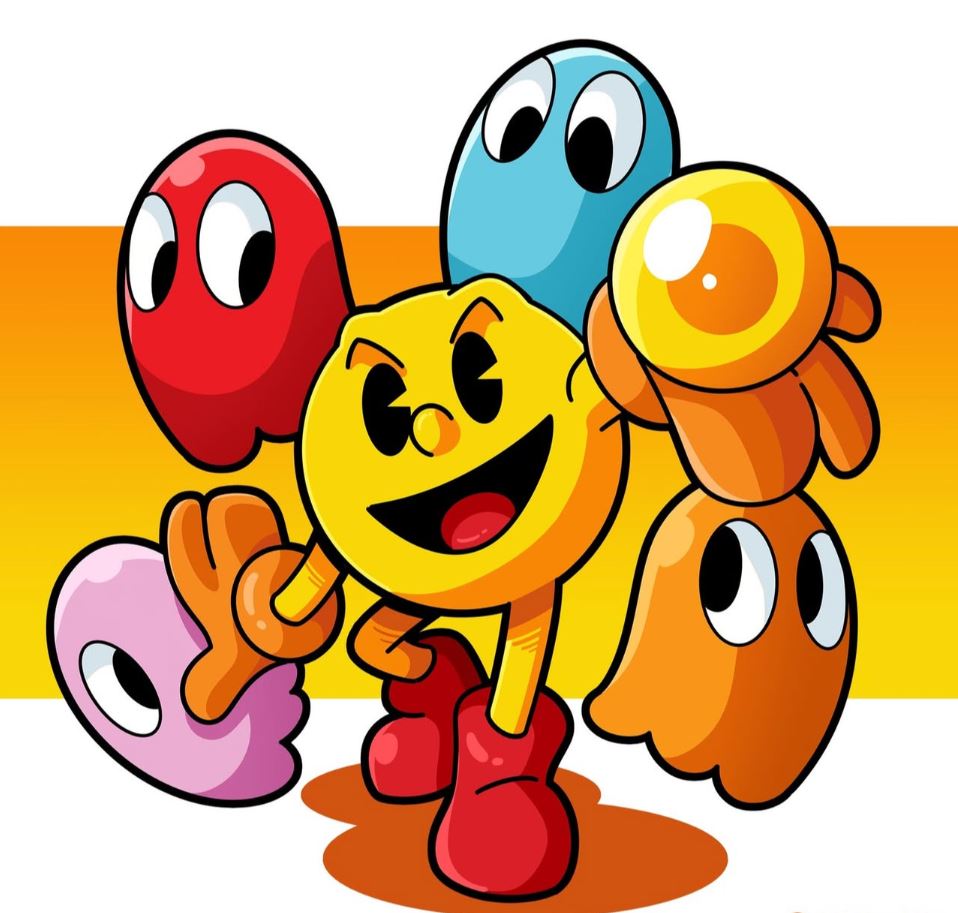 Cartoon Pac-Man with four colorful ghosts on yellow and orange striped background