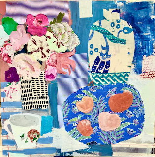 Colorful mixed media collage with pink flowers in vase, blue chinoiserie pottery, and geometric patterns