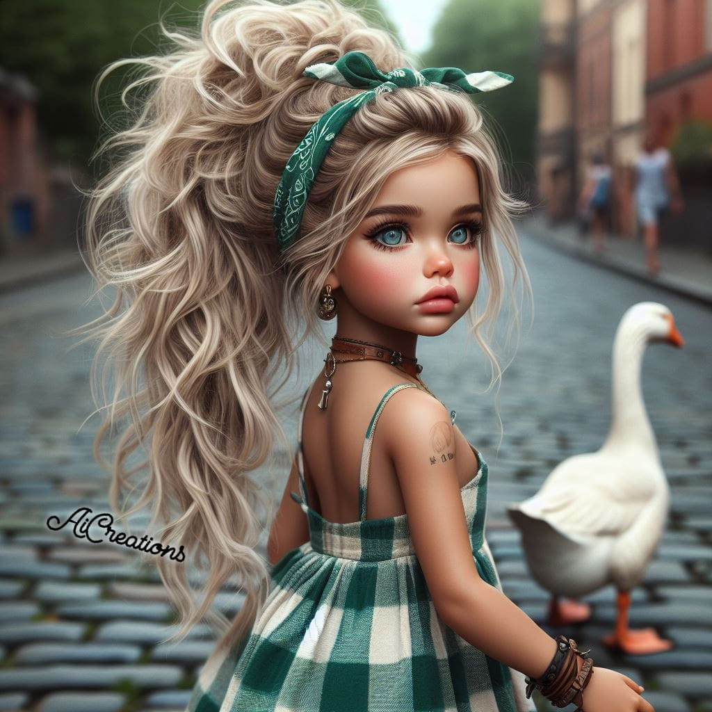 Stylized young blonde girl in a green checkered dress on a cobblestone street beside a white goose