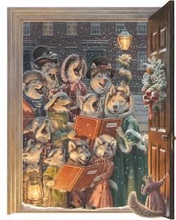 Painting of anthropomorphic huskies in Victorian clothes singing carols at a snowy doorstep at Christmas