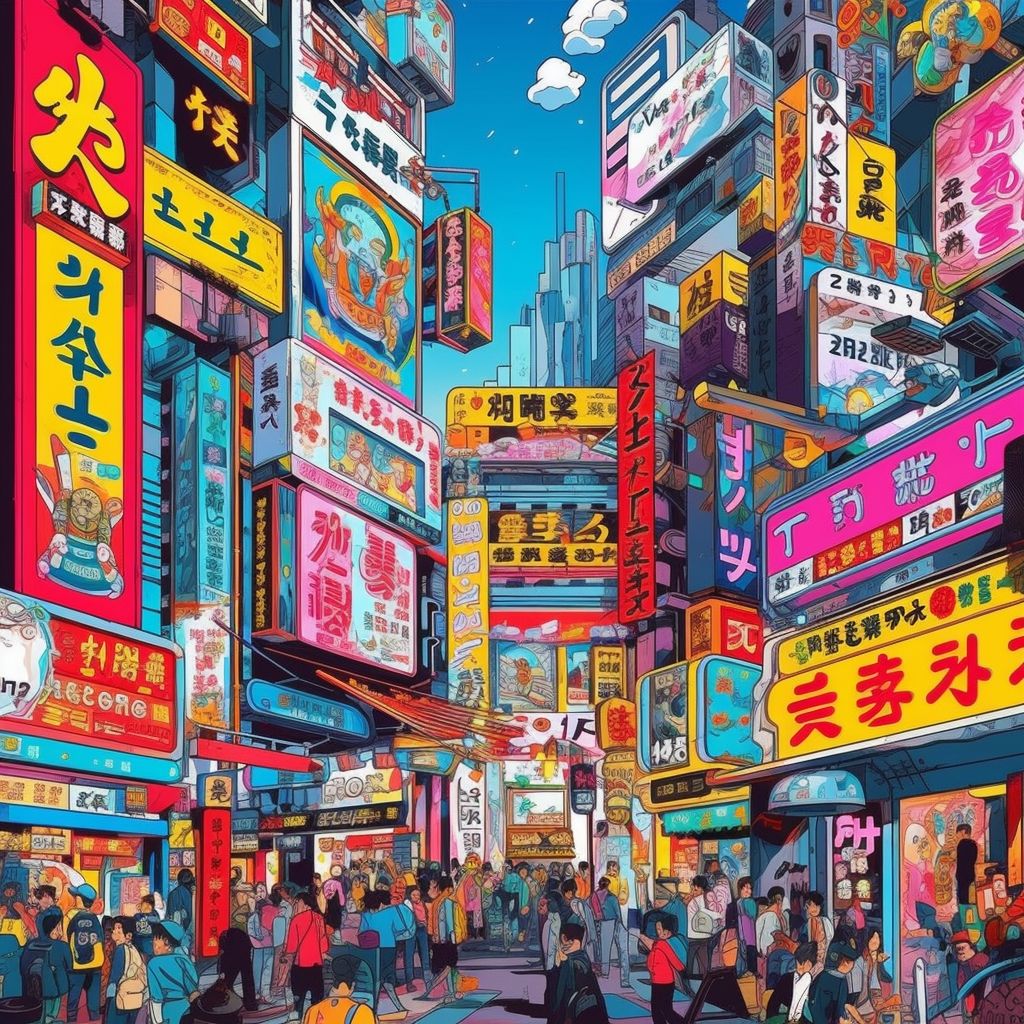 Busy Asian street with colorful neon signs and crowds of people walking between tall buildings