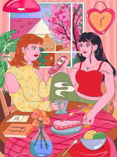 Colorful illustration of two women sitting at a table with tea, cake, and snacks near a window with pink curtains