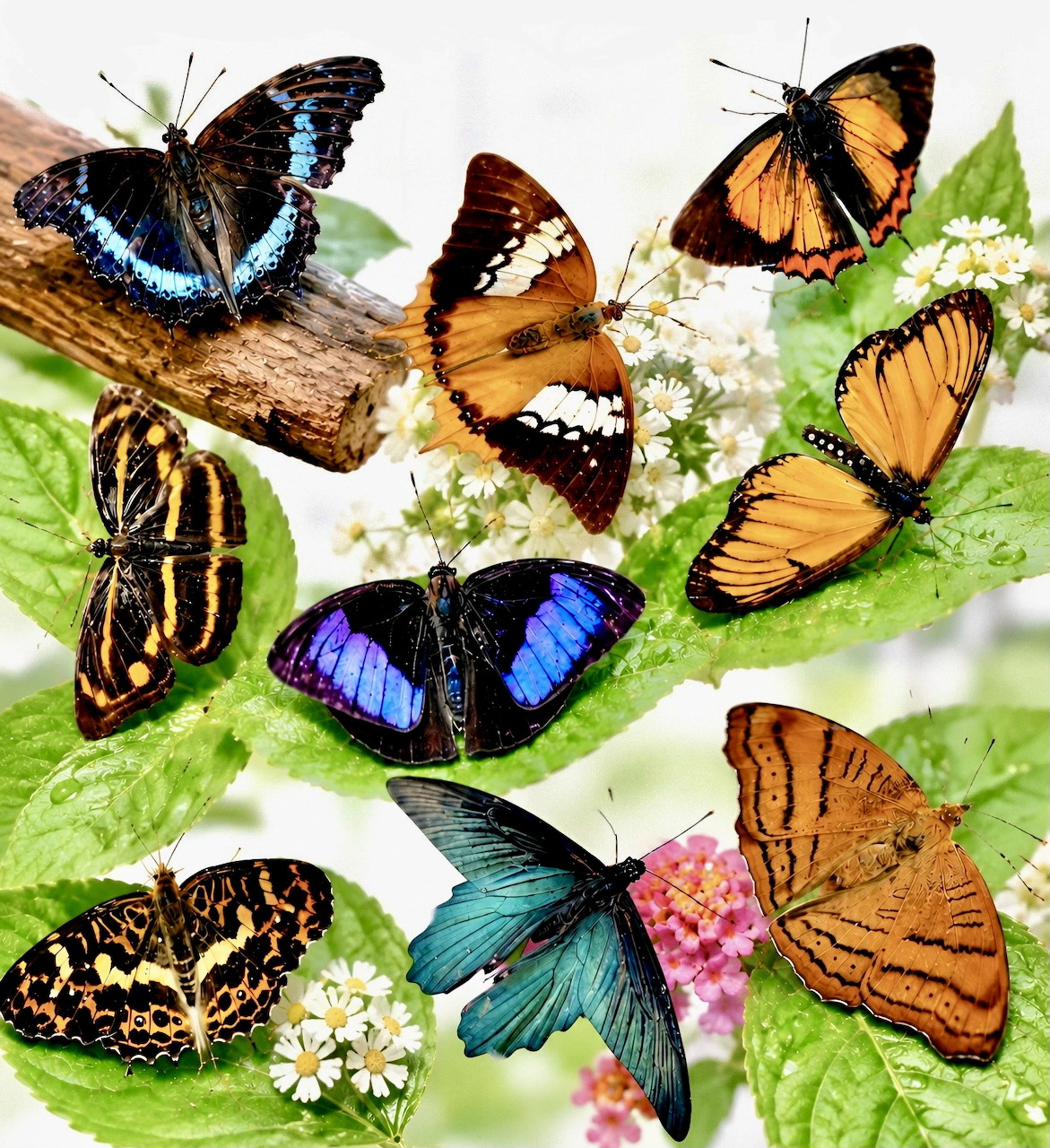 Nine colorful butterflies with diverse wing patterns resting on green leaves and flowers