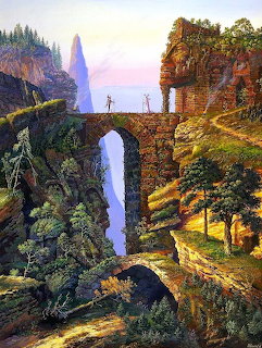 Fantasy painting of a stone bridge over a deep canyon between rocky cliffs and trees