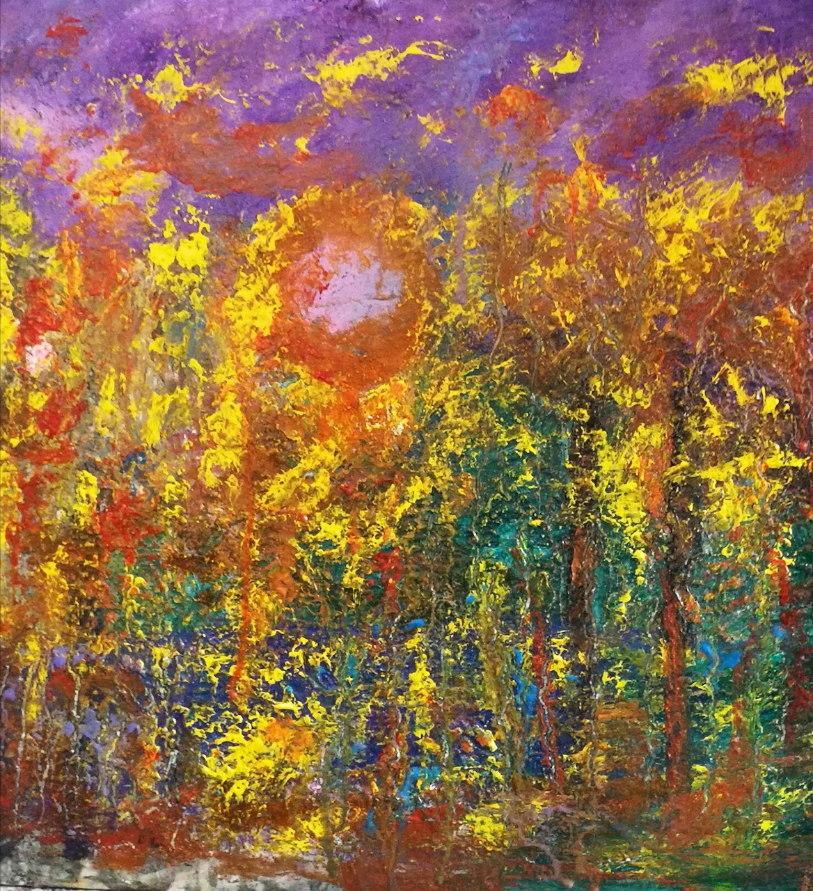 Colorful impressionist painting of autumn trees and water under a purple sky