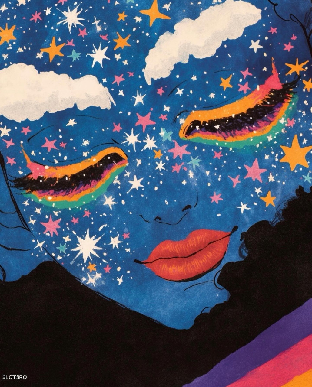Smiling cloud with rainbow beneath stars in a night sky illustration