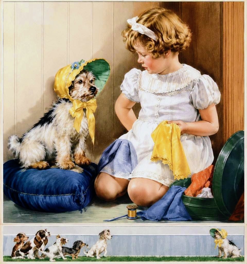 Vintage illustration of girl sewing with dog wearing bonnet sitting on blue cushion