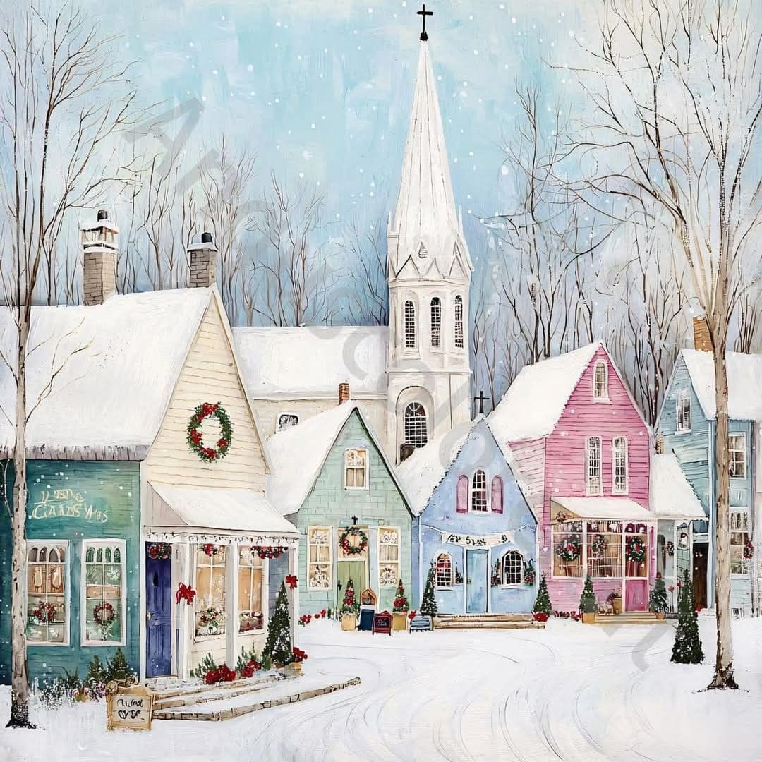 Snowy pastel village with small cottages, bare trees, and a tall white church steeple