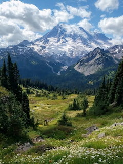 Snow-capped mountain peak above green alpine meadows with scattered evergreen trees and cloudy blue sky