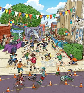 Illustrated street party scene with children, bunting, stalls, and outdoor activities