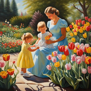 Painting of a mother and two young daughters sitting and standing among colorful tulips in a garden
