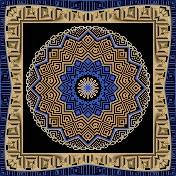 Ornate circular mandala with concentric geometric patterns in blue and gold tones on black, surrounded by decorative frame