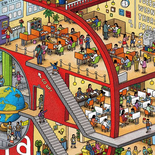 Colorful cartoon showing a busy multi-level office interior filled with people, desks, and stairs
