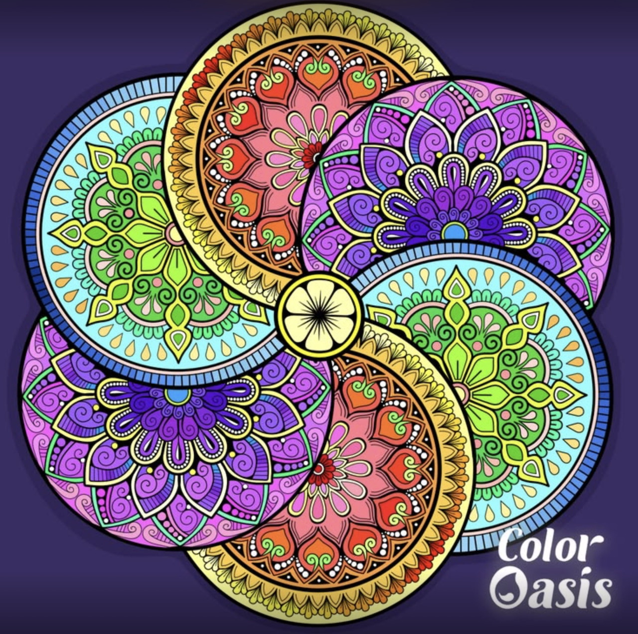 Colorful mandala circles arranged in pinwheel formation with ornate floral patterns