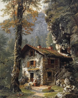 Painting of a stone cottage with brown roof surrounded by tall trees and rocky cliffs in a forest