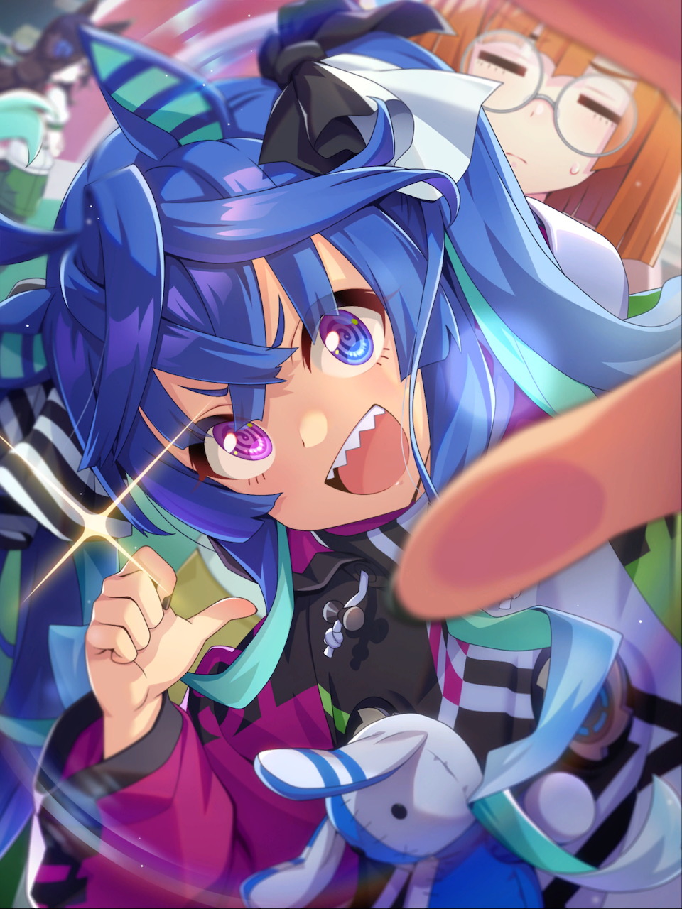 Anime girl with blue hair and horse ears, Twin Turbo from Umamusume, energetic expression with sparkling effect