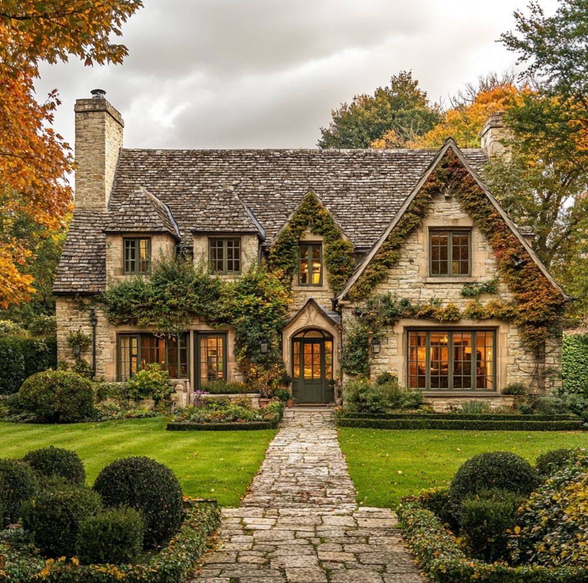 Stone cottage with pathway through green lawn and rounded shrubs, surrounded by fall foliage