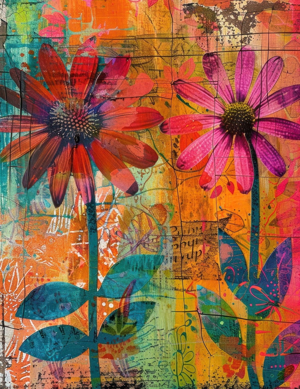 Colorful abstract painting of two large flowers with textured mixed-media background