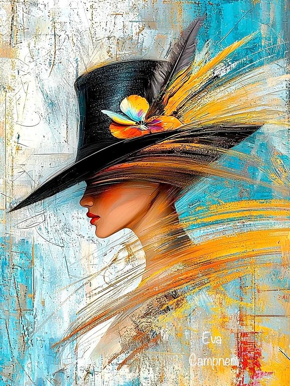 Painted woman in black hat with vibrant orange and blue abstract brushwork