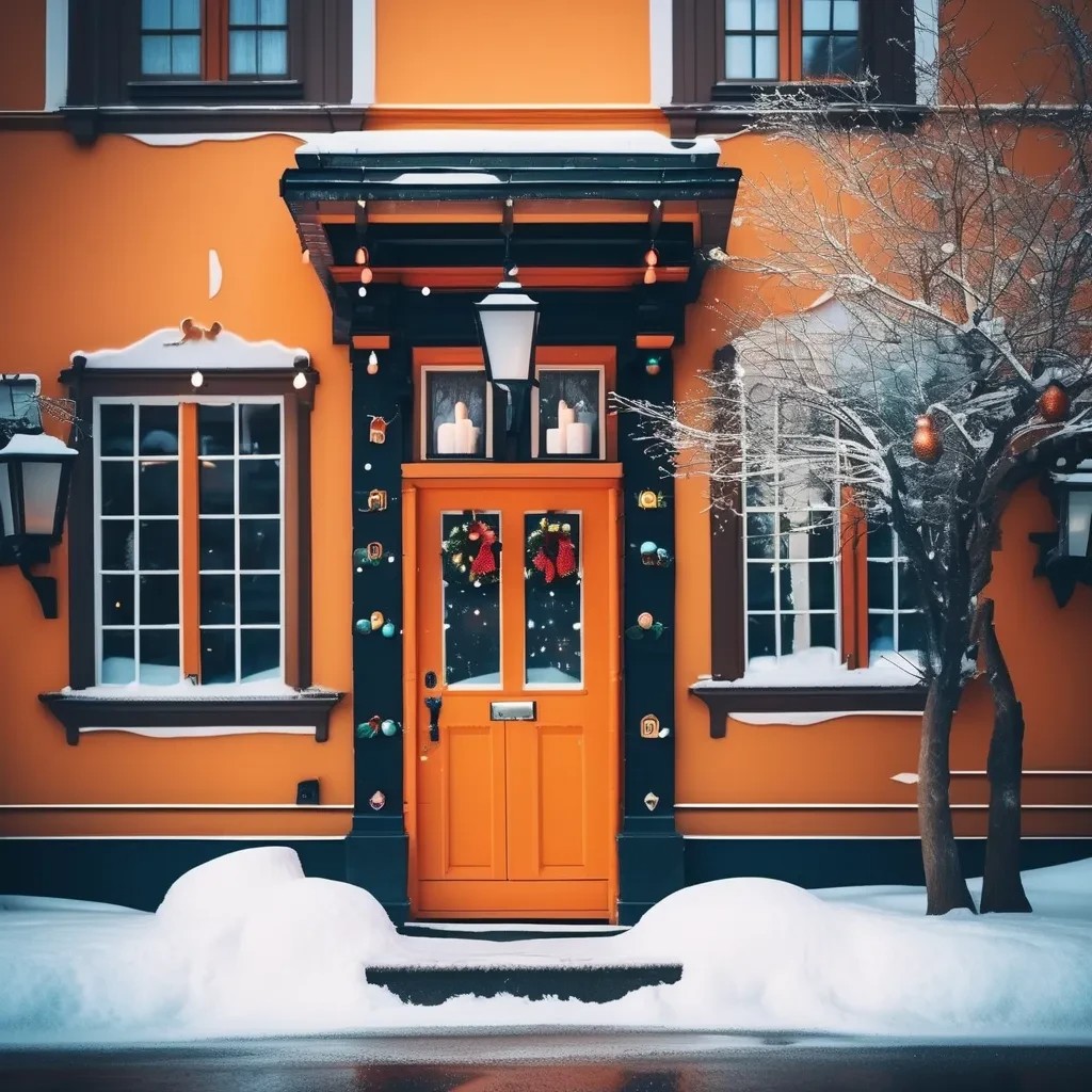 Orange House Snowy Christmas Door