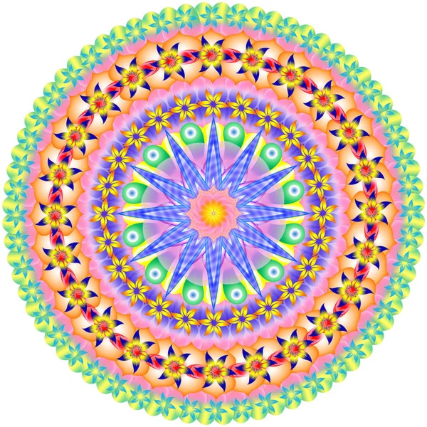 Colorful circular mandala with floral and geometric symmetry on a white background