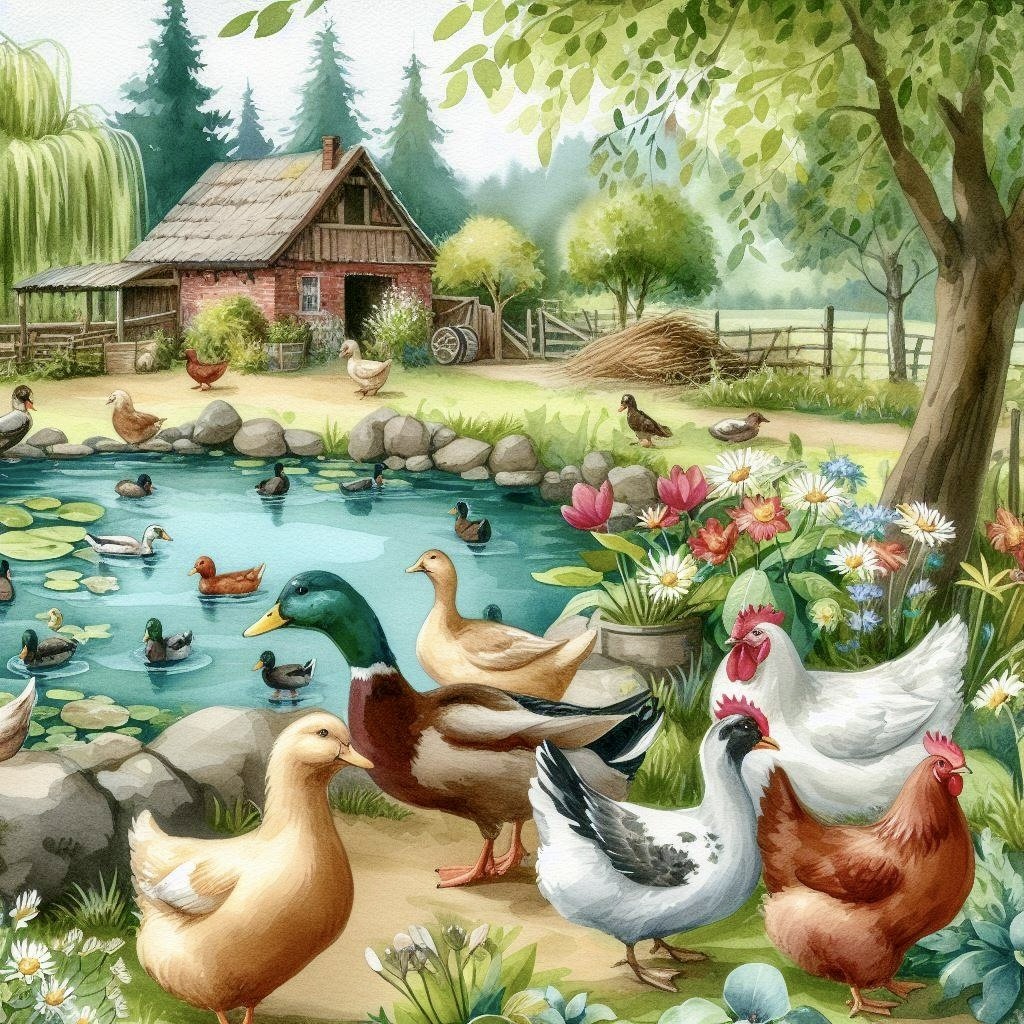 Ducks in pond with chickens near cottage in pastoral farm scene with trees and flowers