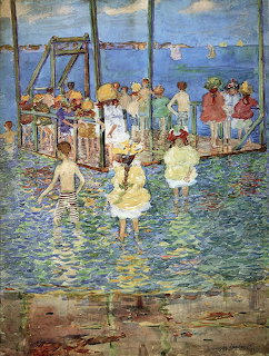 Impressionist painting of children wading in water near a crowded dock at a beach or lake
