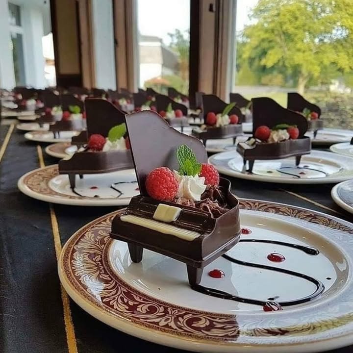 Piano-shaped chocolate desserts with raspberries and cream on decorative plates