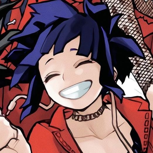 Anime character Kyoka Jiro with purple hair smiling in red jacket
