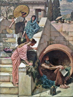 Painting of Diogenes sitting in a large barrel reading while women in classical robes stand on steps above him