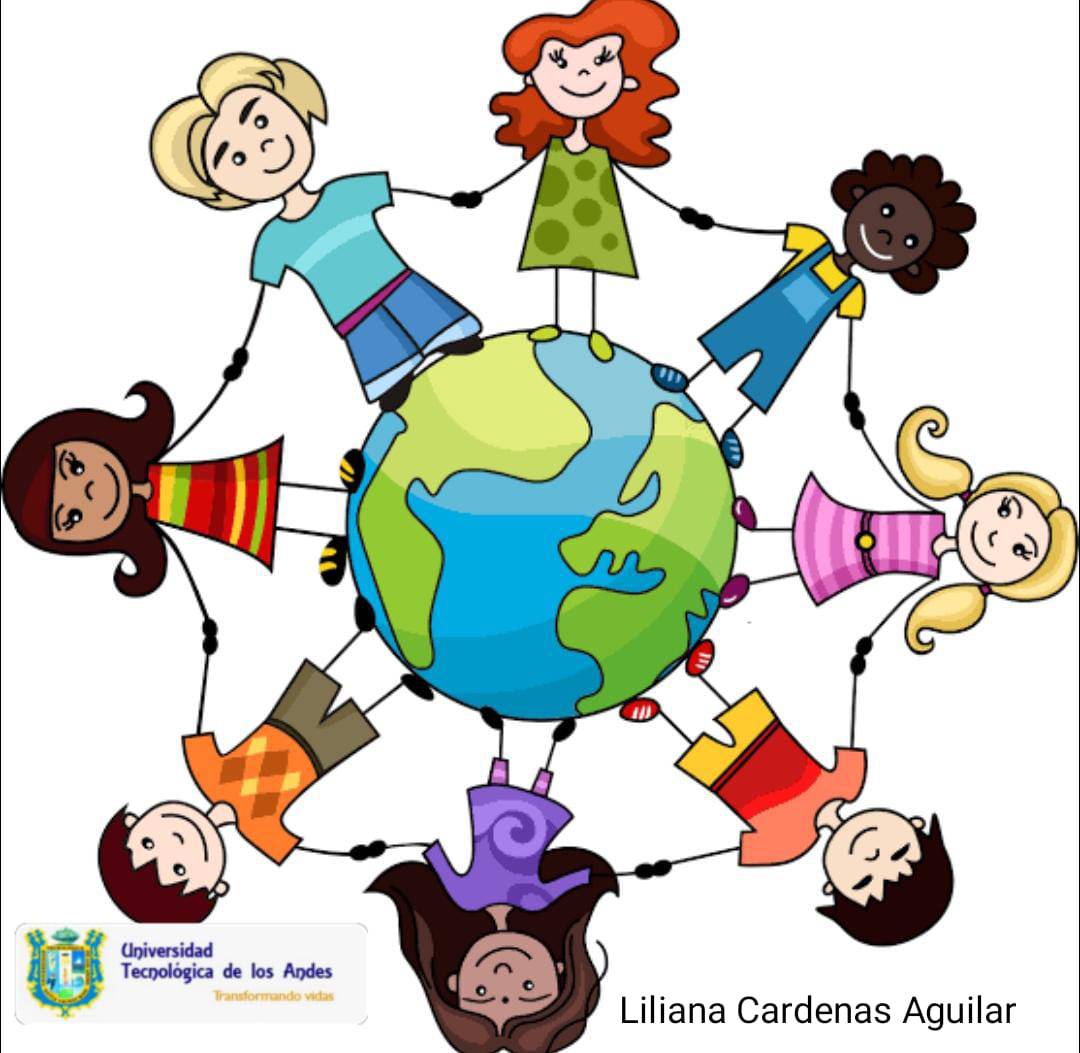 Cartoon children holding hands around a globe in a circle