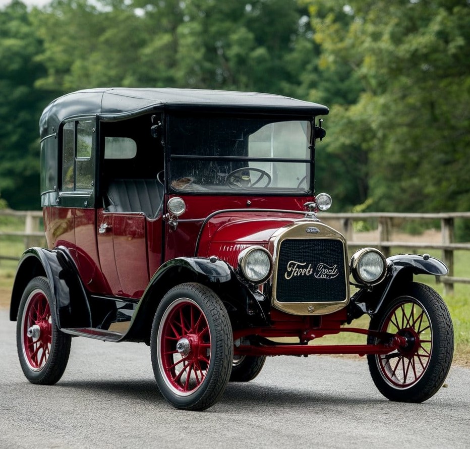 Vintage burgundy Ford Model T with black canvas top and red spoke wheels on pavement