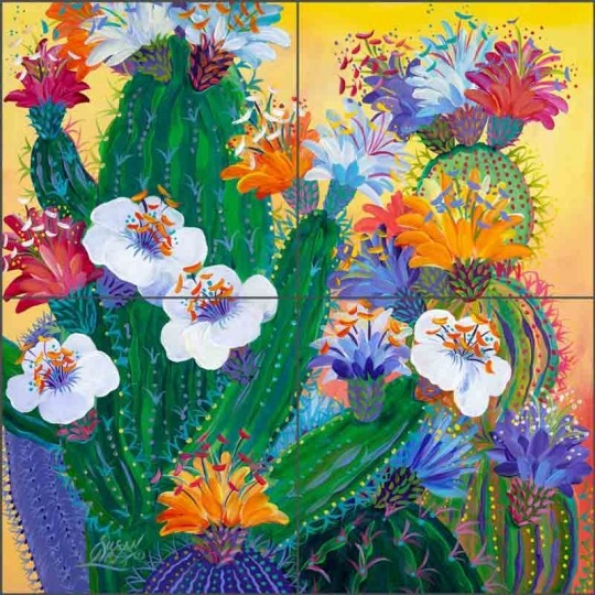 Colorful painting of green cactus with white flowers and vibrant multicolored blooms on yellow background
