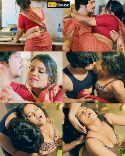 Collage of a woman wearing a red saree in multiple indoor scenes