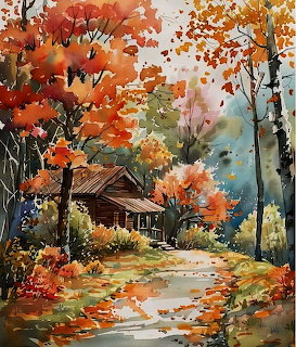 Watercolor painting of a wooden chalet surrounded by colorful autumn trees with fallen leaves on a forest path