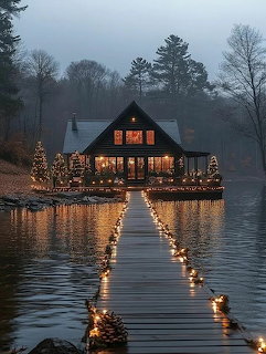 Warmly lit cabin on a lake with a wooden dock and string lights at dusk