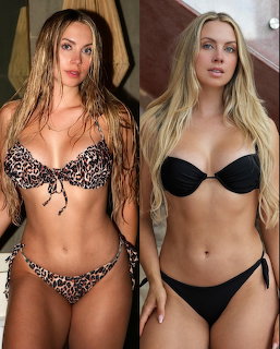 Two photos of a blonde woman in bikinis, leopard print on left and black on right