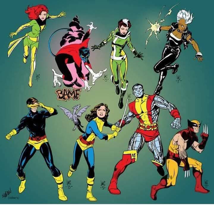 Comic-style X-Men characters posing on a teal background