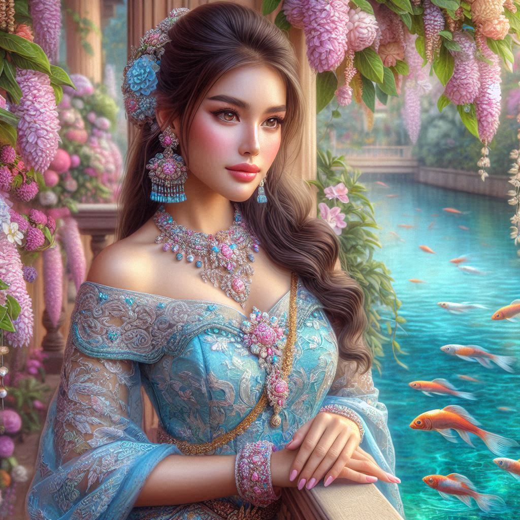 Illustrated woman in a blue gown beside a koi pond with cascading pink flowers