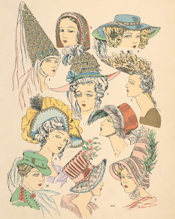 Vintage illustration of women modeling historical hats and elaborate headpieces