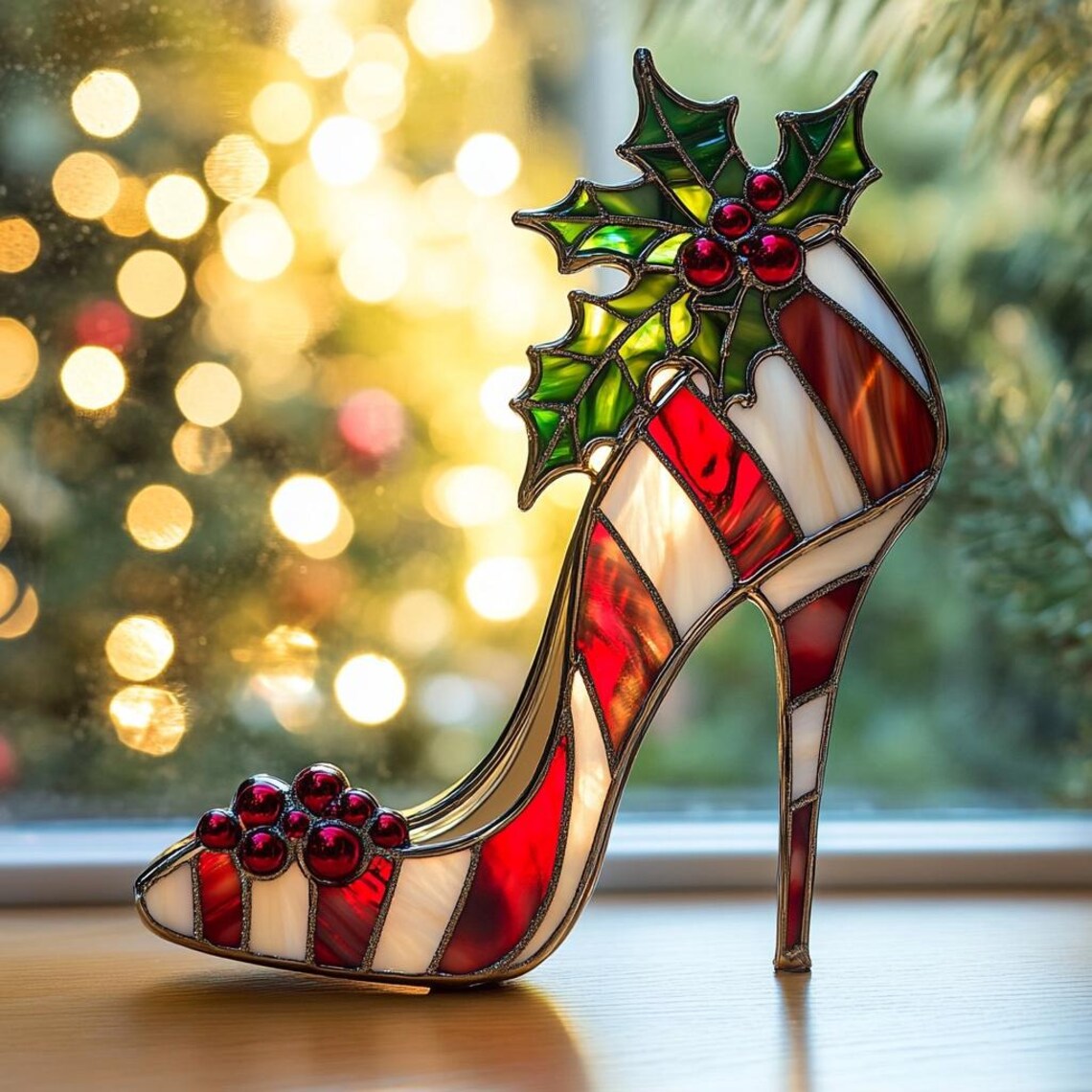 Stained glass high-heel shoe suncatcher with holly and berries on a windowsill